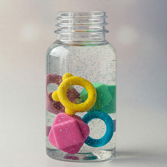 A clear plastic bottle, partially filled with water and small, colorful silicone teethers.  Some glitter is also visible inside. The teethers are various shapes and sizes and float freely within the liquid.  The bottle is sealed.