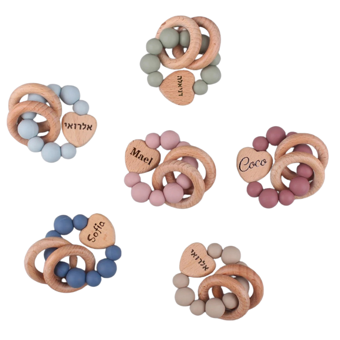 Personalised Silicone and beech wood teething ring